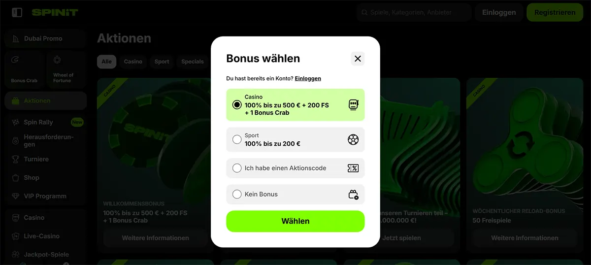 SPINIT “Choose bonus” modal with the casino welcome bonus selected (100% up to €500 + 200 free spins + 1 Bonus Crab), plus options for sports bonus, promo code, or no bonus, and a green “Choose” button.
